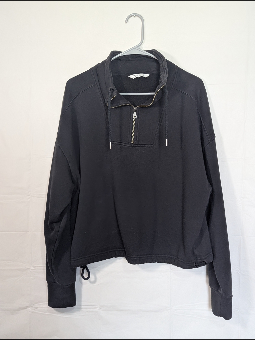 DSG Womens Large Black Quarter Zip Fleece Pullover Drawcord Hem Sweatshirt